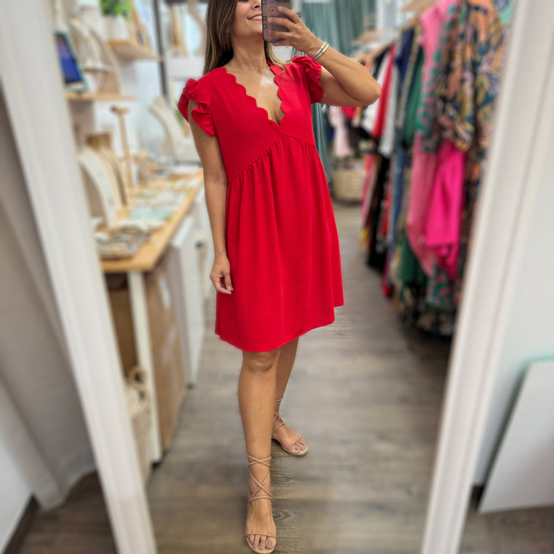 Red Scalloped Neck Dress - Peplum Clothing