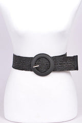 Round Buckle Raffia Elastic Belt - Peplum Clothing